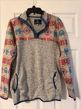 Simply Southern Heather Gray Pullover with Pink & Teal Pattern